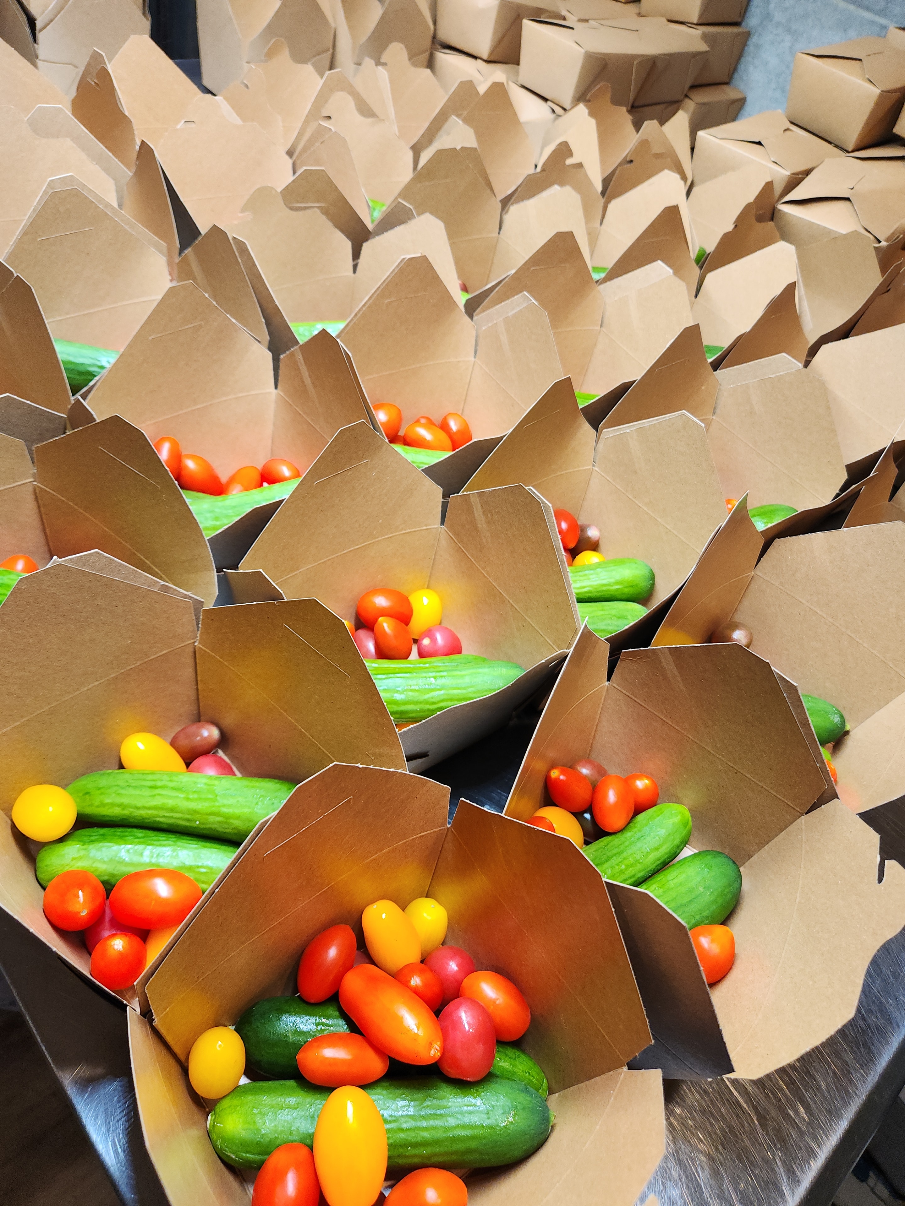 Fresh tomatoes and cucumbers packed in community boxes